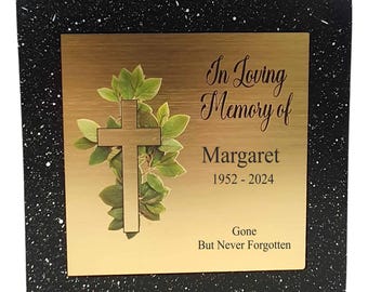 Personalised Black Square Memorial Rose Bowl Grave Vase with Gold Lid | Custom Grave Flower Holder | In Loving Memory Cross Vase