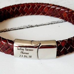 Mens quality leather black or antique brown cord bracelet with stainless steel clasp engraved.