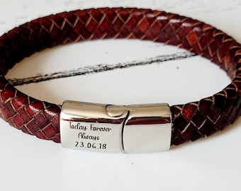 Mens quality leather black or antique brown cord bracelet with stainless steel clasp engraved.