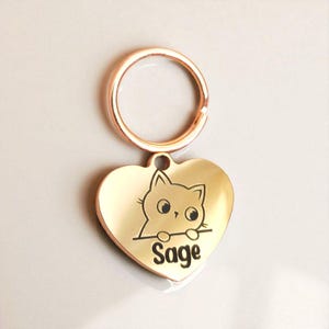 Tiny 20mm HEART cat kitten ID tags laser engraved,  stainless steel available in silver, gold and rose gold. 32 cats to choose from.