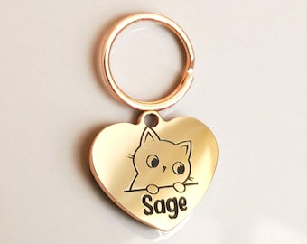 Tiny 20mm HEART cat kitten ID tags laser engraved,  stainless steel available in silver, gold and rose gold. 32 cats to choose from.