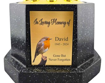 Personalised Robin Black Octagon Memorial Rose Bowl Grave Vase with Gold Lid | Custom Grave Flower Holder | In Loving Memory Vase