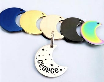 30mm Moon shape Pet ID tag. ID information on the back. Laser engraved.