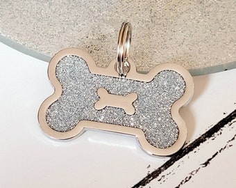 Quality coloured silver sparkly bone dog ID tag, laser engraved.