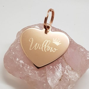 Pet princess prince tags engraved, hearts in rose gold plated, gold plated, stainless steel.