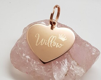 Pet princess prince tags engraved, hearts in rose gold plated, gold plated, stainless steel.