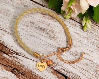 Horse hair / tail woven bracelet with engraved heart fob. ROSE GOLD stainless steel.