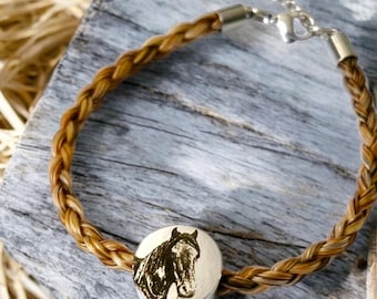 Horse hair / tail woven bracelet with engraved heart fob and photo charm.