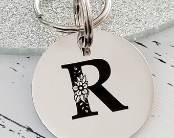 Floral letter Pet ID tags engraved,  stainless steel available in silver, gold and rose gold, laser engraved.