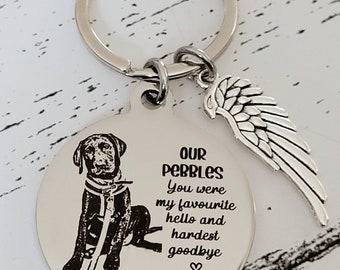 Memorial Laser Engraved photo keyring with angel wing. Engraved from any clear image.