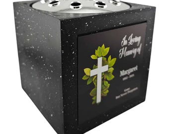 Personalised Black Square Memorial Rose Bowl Grave Vase with Silver Lid | Custom Grave Flower Holder | In Loving Memory Cross Vase