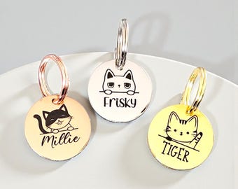 Tiny 20mm cat kitten ID tags laser engraved,  stainless steel available in silver, gold and rose gold. 32 cats to choose from.