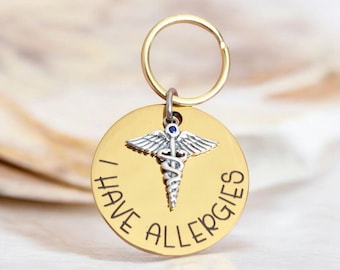 Rose gold, silver or gold pet ID tag with medical /caduceus charm. MEDICAL ALERT