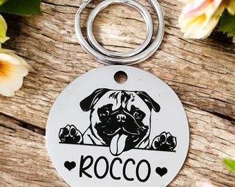 PUG Dog heads personalised ID tags laser engraved,  stainless steel available in silver, gold and rose gold