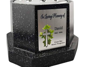 Personalised Black Octagon Memorial Rose Bowl Grave Vase with Silver Lid | Custom Grave Flower Holder | In Loving Memory Cross Vase