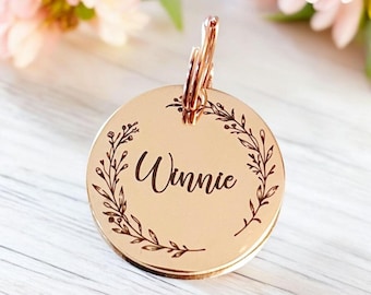 Beautiful stylish pet ID tag, with 'gentle' border design. Available in silver, gold, rose gold or black stainless Steel