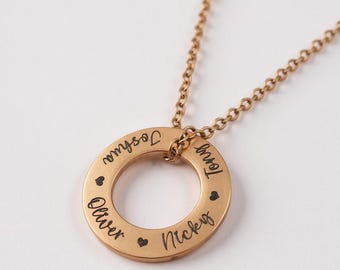 Laser engraved stainless Steel washer necklace, family names gift