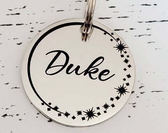 Star design Pet tags engraved,  stainless steel round tag available in rose gold,  silver and gold