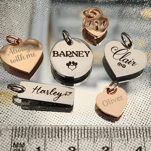 Puede incluir: Surtido de colgantes de charms personalizados en plata y oro rosa con nombres y diseños grabados. Los charms incluyen un corazón con "Always with me", un charm redondo con "BARNEY" y una huella de pata, un corazón con "Clair" y un símbolo de infinito, un charm rectangular con "Harley", un corazón con "Oliver" y un charm de candado con "J & A".