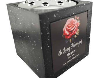 Personalised Floral Rose Black Square Memorial Rose Bowl Grave Vase with Silver or Gold Plate | Custom Grave Flower Holder