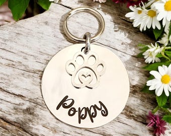 Silver pet ID tag with SILVER paw charm