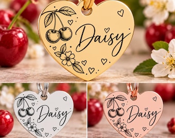 Personalised Cherry Pet ID Tag – Cute Cherry & Blossom Heart Dog Tag – Engraved Pet Name Tag – Silver Gold Rose Gold – Dog Cat ID Tag