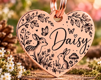 Personalised Woodland Pet ID Tag – Deer Bunny & Mushroom Heart Dog Tag – Engraved Pet Name – Silver Gold Rose Gold – Dog Cat Tag