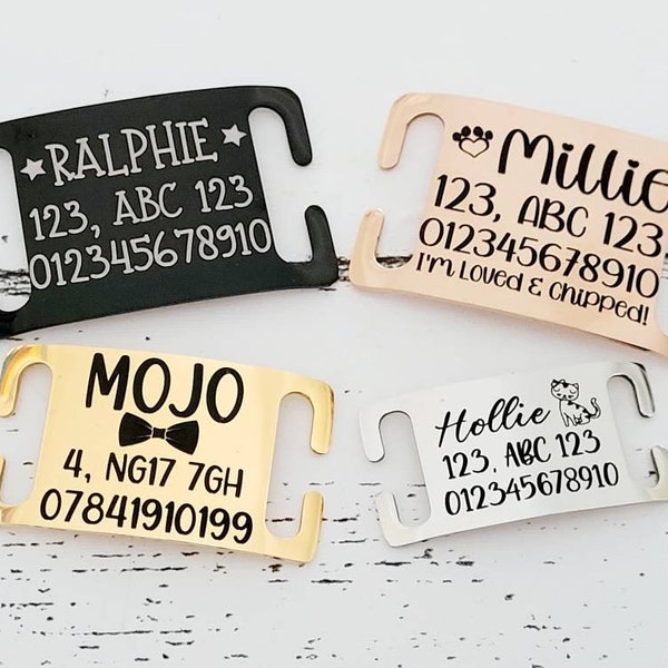 Pet ID collar tags, Shiny stainless steel slide on, 4 colours, 3 sizes to choose from. Laser engraved.