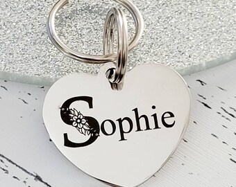 Floral Pet ID tags engraved,  stainless steel available in silver, gold and rose gold, laser engraved.