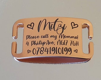 Pet ID collar tags, Stainless Steel slide on, 4 colours, 3 sizes to choose from. Laser engraved.