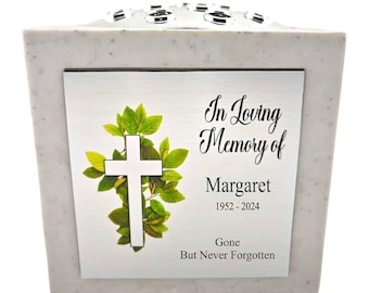 Personalised White Square Memorial Rose Bowl Grave Vase with Silver Lid | Custom Grave Flower Holder | In Loving Memory Cross Vase