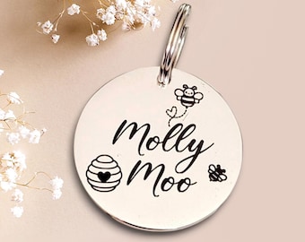 Bumble bee design.  Pet ID tags laser engraved,  stainless steel available in silver, gold and rose gold