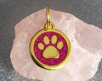 Quality gold coloured 25mm sparkly paw dog or cat ID tag, laser engraved.