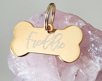 Bone pet tags engraved, available in silver, gold, rose gold, black, rainbow and blue