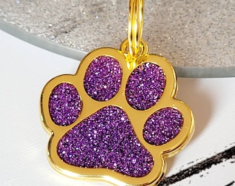 Quality coloured sparkly GOLD paw dog ID tag, laser engraved.