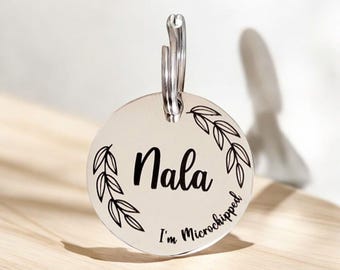 Beautiful stylish pet ID tag, with leafy border design. Available in silver, gold, rose gold or black stainless Steel