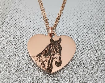 Horse or pony photo 20mm pendant and necklace with gift box. Engraved from any clear image. Silver,  Rose Gold or Gold.