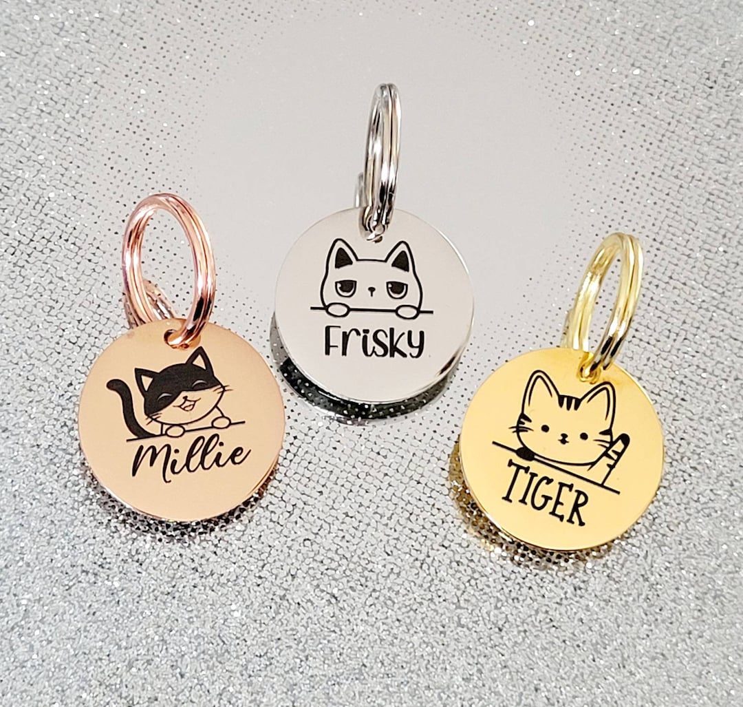 Tiny 20mm Cat Kitten ID Tags Laser Engraved, Stainless Steel Available in Silver, Gold and Rose