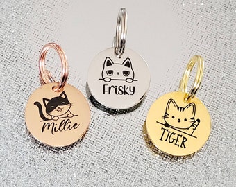 Tiny 20mm cat kitten ID tags laser engraved,  stainless steel available in silver, gold and rose gold. 32 cats to choose from.