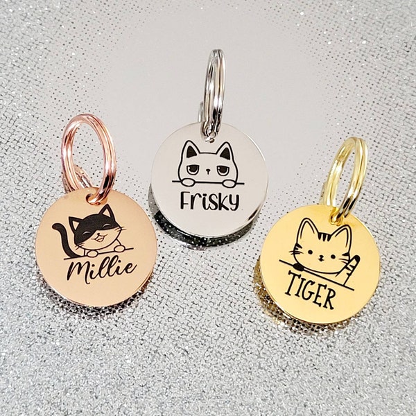 Winzige 20-mm-Katzen- und Kätzchen-ID-Tags mit Lasergravur aus Edelstahl, erhältlich in Silber, Gold und Roségold. 32 Katzen zur Auswahl.