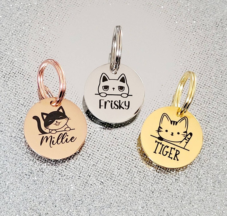 Tiny 20mm cat kitten ID tags laser engraved, stainless steel available in silver, gold and rose gold. 32 cats to choose from. image 1