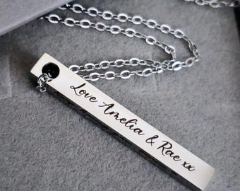 Silver bar necklace with personalised engraving to all 4 sides. Gifts for her, ladies jewellery.