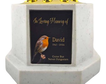 Personalised Robin White Octagon Memorial Rose Bowl Grave Vase with Gold Lid | Custom Grave Flower Holder | In Loving Memory Vase
