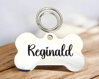 Bone shaped pet tags laser engraved, available in silver, gold, rose gold, black. 30, 40 or 50mm