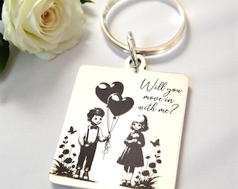 Will You Move In With Me Keyring – Cute Couple Design, 30x32mm Stainless Steel Engraved Rectangle, Romantic Proposal Gift, Couples Keychain