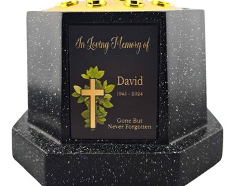 Personalised Black Octagon Memorial Rose Bowl Grave Vase with Gold Lid | Custom Grave Flower Holder | In Loving Memory Cross Vase