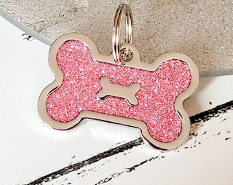 Quality coloured pink sparkly bone dog ID tag, laser engraved.