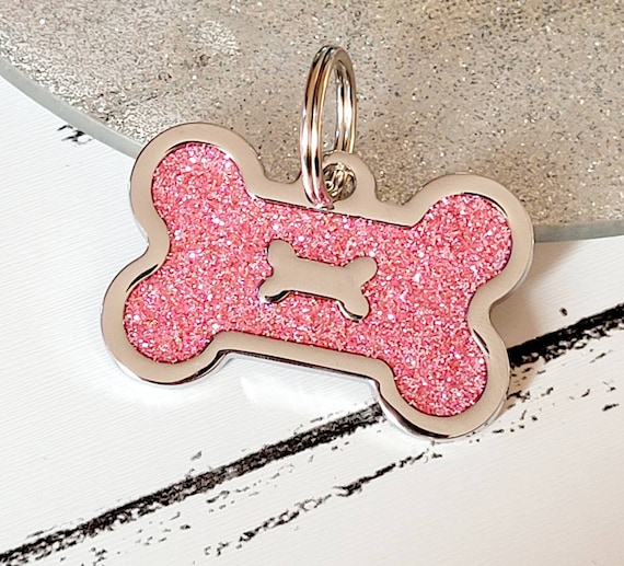 Bone Glitter Personalized Dog Tag Engraved+Ring Pet Puppy Cat ID