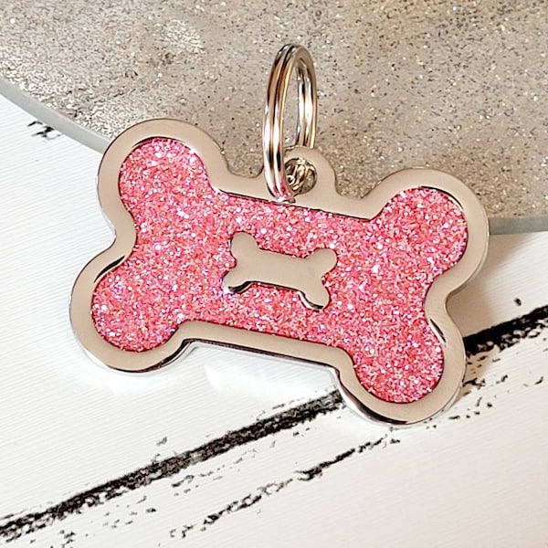 Quality coloured baby pink sparkly bone dog ID tag, laser engraved.