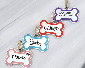 Alloy bone shaped dog ID tag, various colours and sizes.